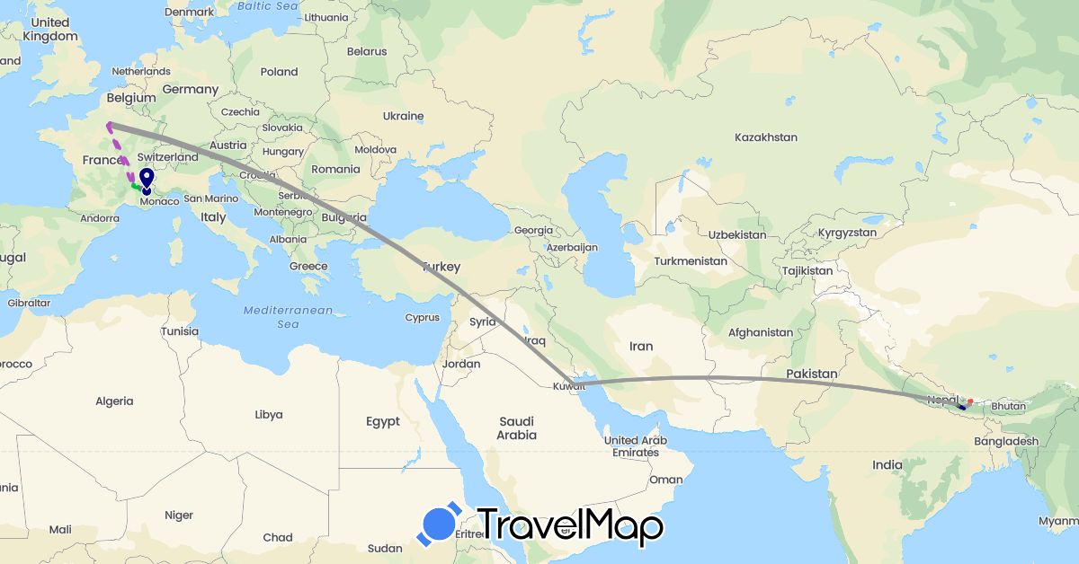 TravelMap itinerary: driving, bus, plane, train, hiking in France, Kuwait, Nepal (Asia, Europe)